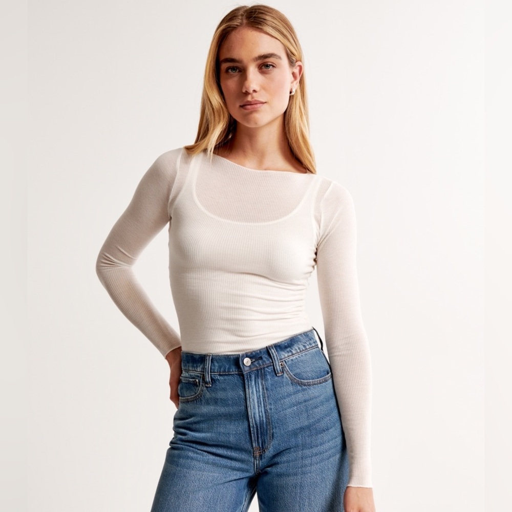 A&F Women's Long-Sleeve Sheer Rib Slash Top